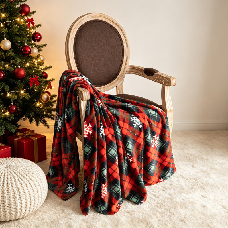 Holiday Plaid Snowflakes Plush Throw