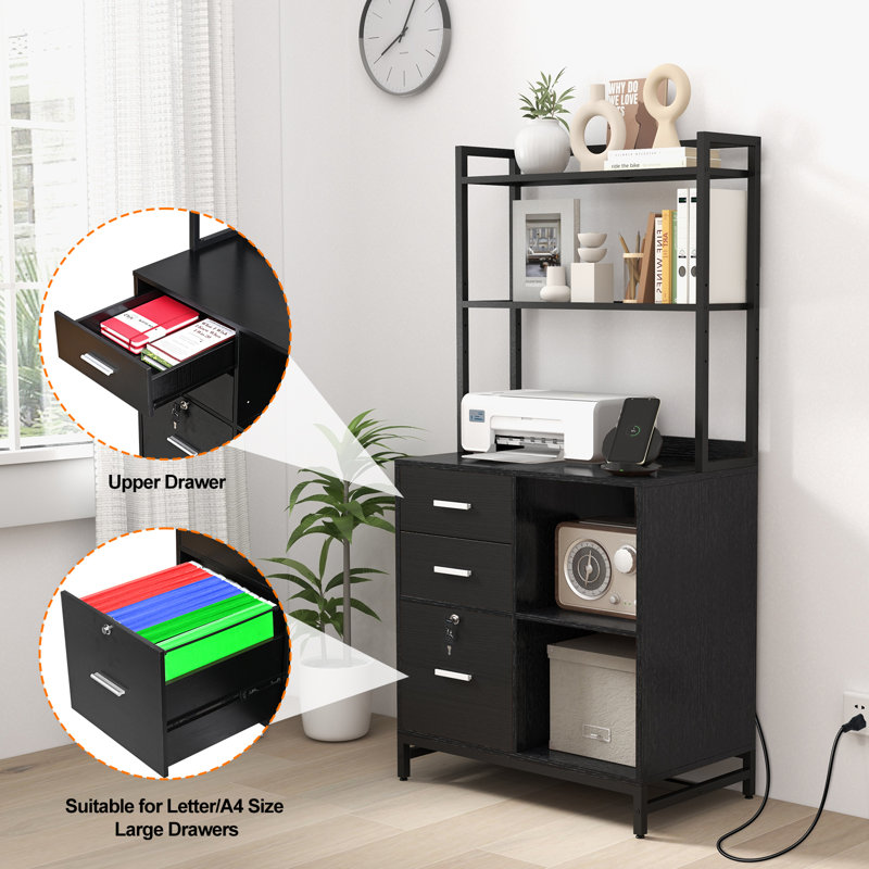 Livofloral 3 Drawer File Cabinet with Charging Station and Bookshelf for Home Office fits Letter/A4, Black