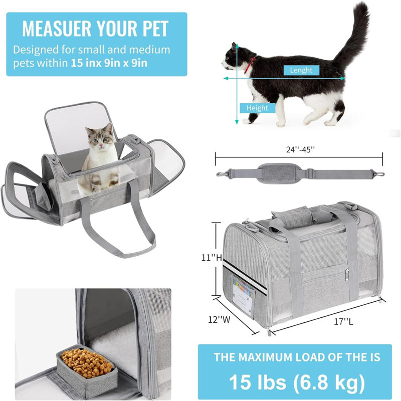 Porte-chat à côtés souples pour chats, chiots, compagnie aérienne approuvée, transporteur de voyage pliable, avec bande réfléchissante