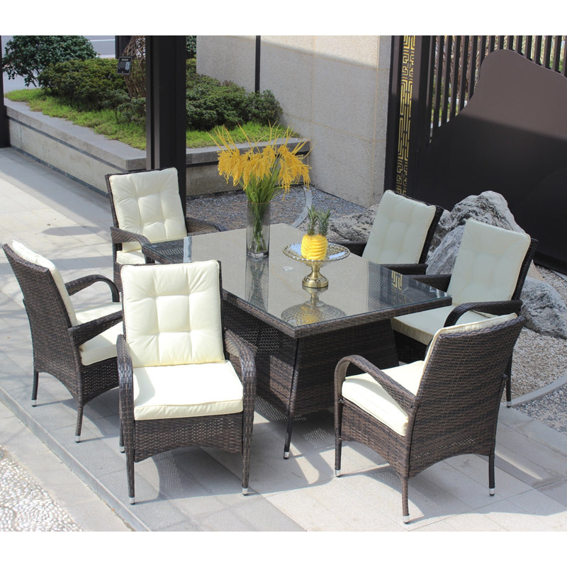 Ensemble de salle à manger 7 pièces de patio rectangulaire avec 6 chaises (coussin brun et beige)