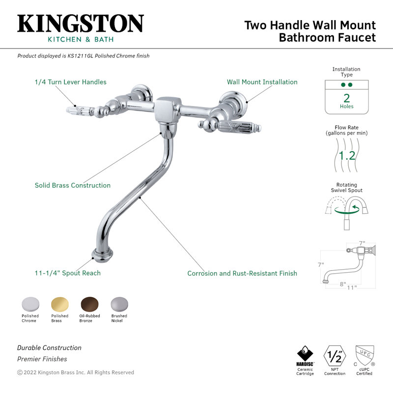 Robinet de salle de bain mural 2 trous Kingston, Chrome poli