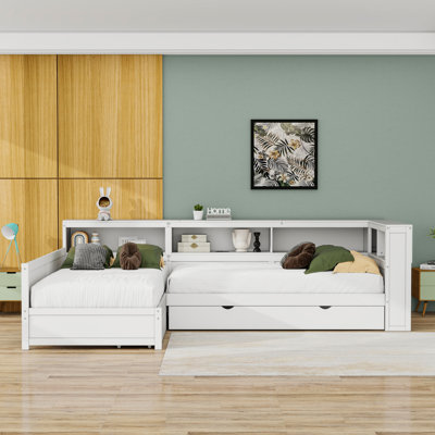 Twin Size L-Shaped Platform Bed with Twin Trundle and Charging Station