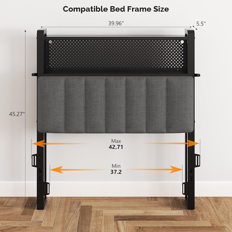 Tête de lit simple ou simple de taille XL, tête de lit tapissier réglable avec tablettes à 2 niveaux et panneau perforé avec stations de charge et lumières DEL, tête de lit moderne avec rangement en lin et gris foncé