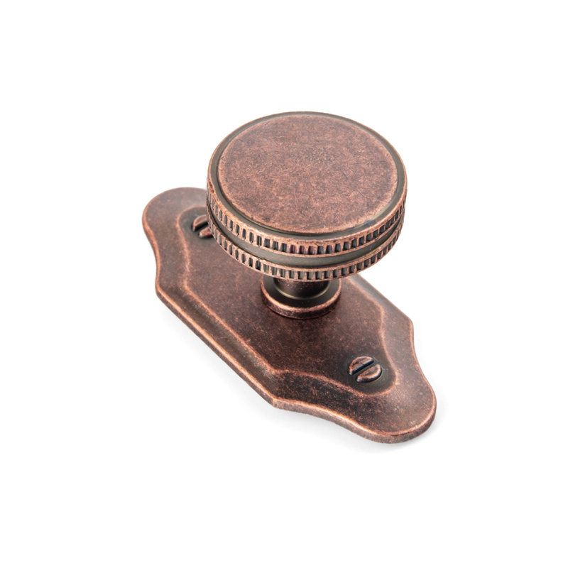 Poignée ronde en forme d'engrenage de 1,26 po de diamètre avec plaque noire (G023), Cuivre antique