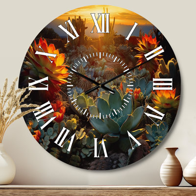 Succulent Desert Cactus Field Burning Sunset - Succulent White Face Wall Clock