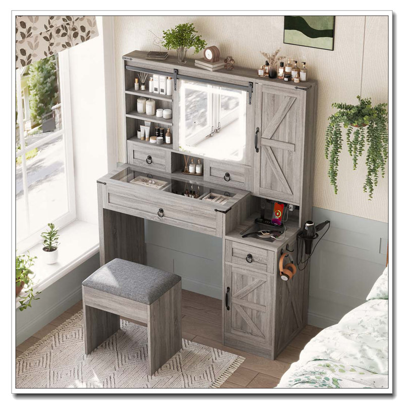 Farmhouse Vanity Desk with Sliding LED Mirror and Charging Station, Gray