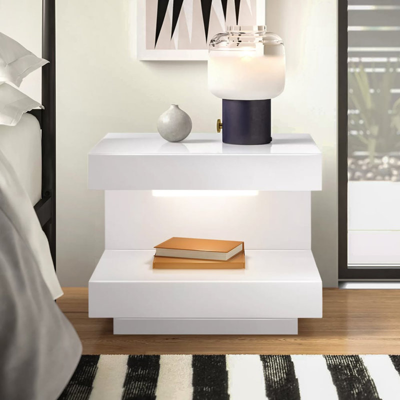 Glossy White Nightstand With 1 Drawer C-Shaped Side Table With Light