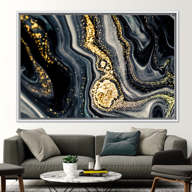 Modern Marble Abstract Canvas Art - Luxury Shimmering Contemporary Wall Decor, White, Framed Print without Mat