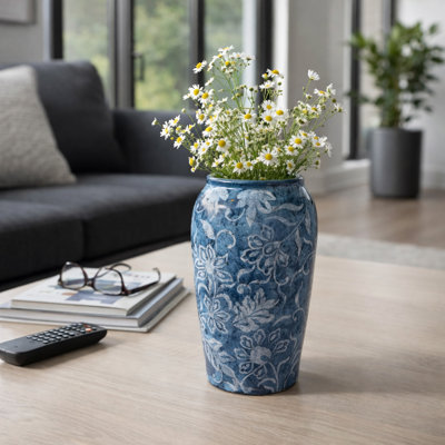 Elegant Floral Patterned Terracotta Pottery Vase For Home Decor Styling- Modern Accent Tall Flower Vase For Kitchen Countertop - Blue