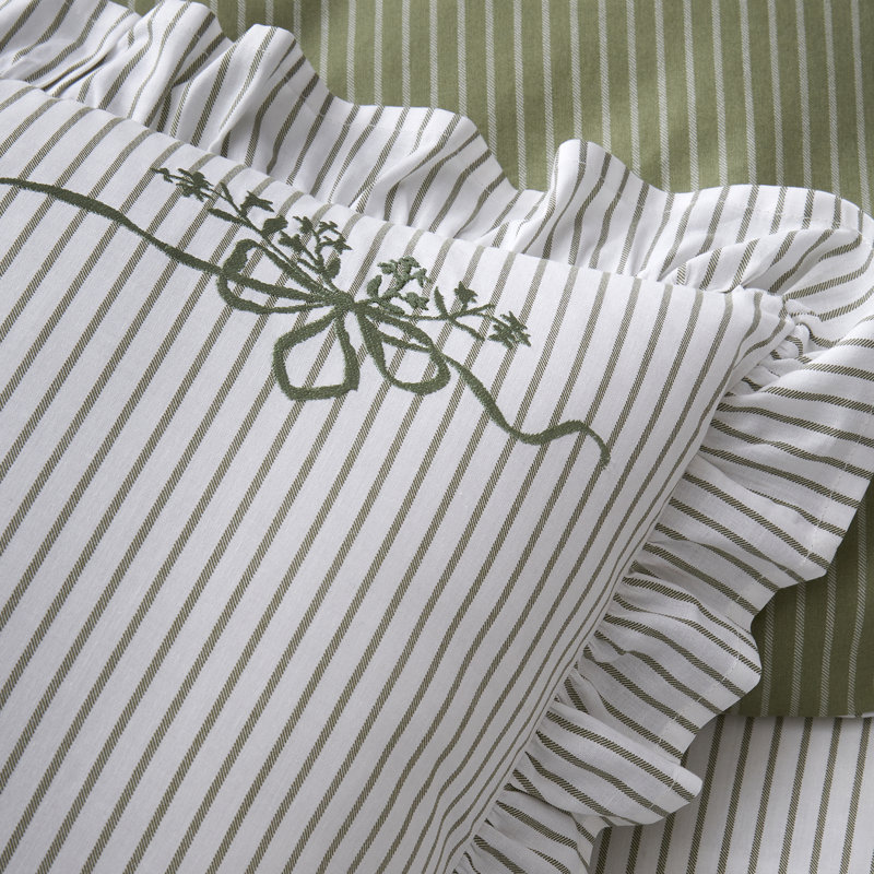 Frilled Embroidered Bow Stripe Cotton Striped Duvet Cover Set, Double Bed (200 x 200 cm)