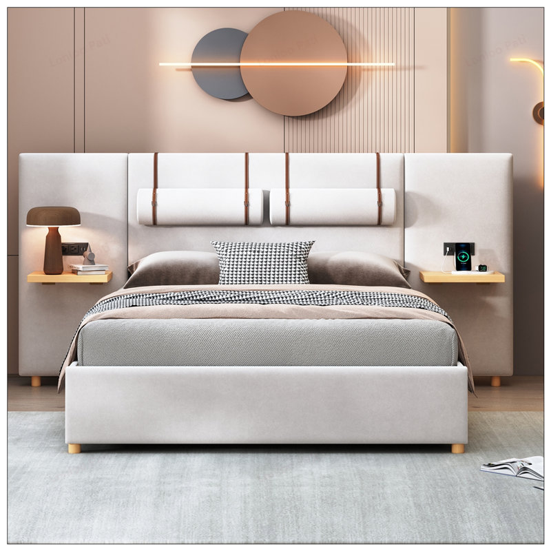 Queen Size Velvet Upholstered Platform Bed with Outlets, USB Ports, and Storage Shelves for Modern Comfort and Convenience