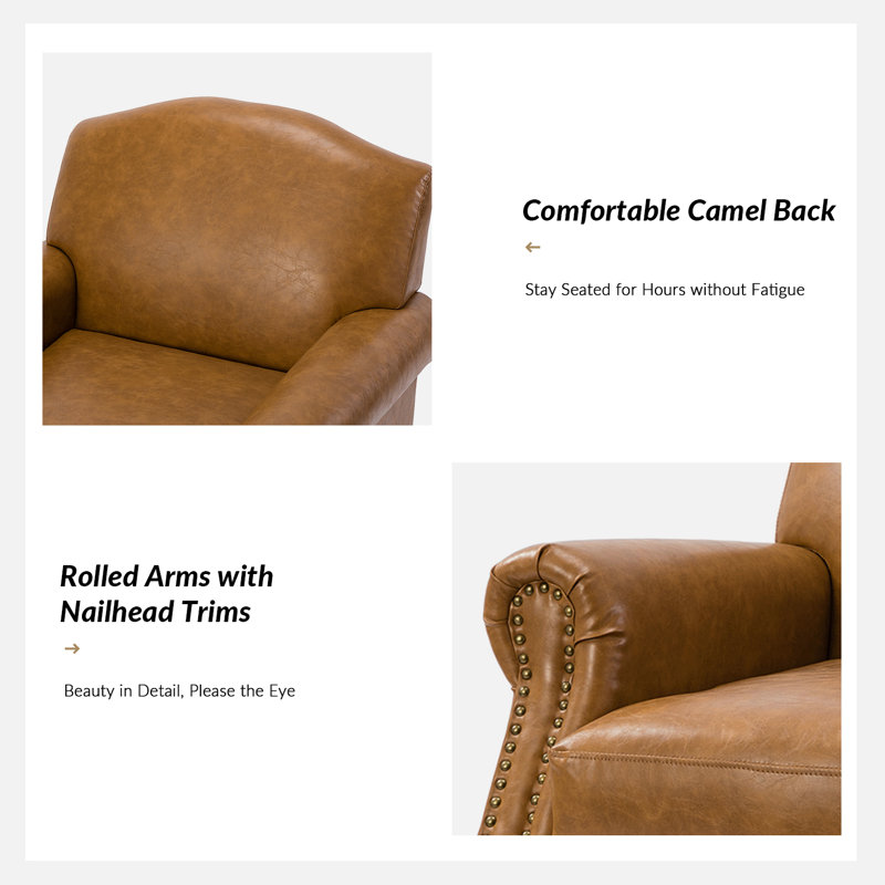 Mooresville 31" Traditional Faux Leather Armchair with Solid Wood Legs, Camel Faux Leather