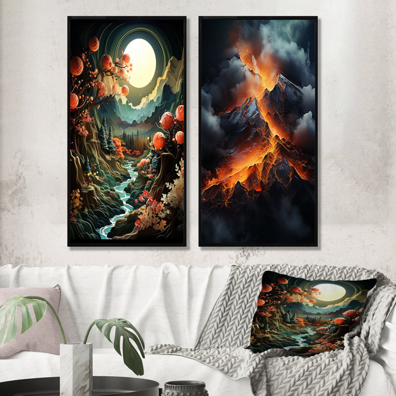 Volcan volcanique sauvage - paysage, ensemble de 2 impressions sur toile, Cadre flottant noir, H 40 po x l 41 po