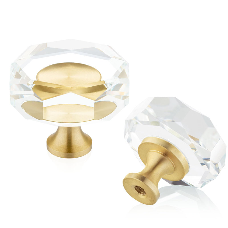 10-Pack Brass Crystal Cabinet Knobs,Glass Crystal Gold Drawer Knobs,1-1/4-Inch Polygon,Decorative Dresser Pulls, Modern Cabinet Hardware