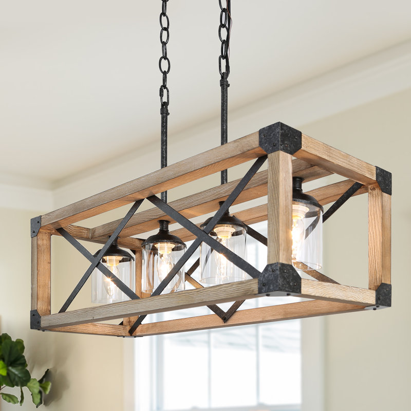 Gatlin 4 - Light Kitchen island linearPendant with Wood Accents, Clear, Brown