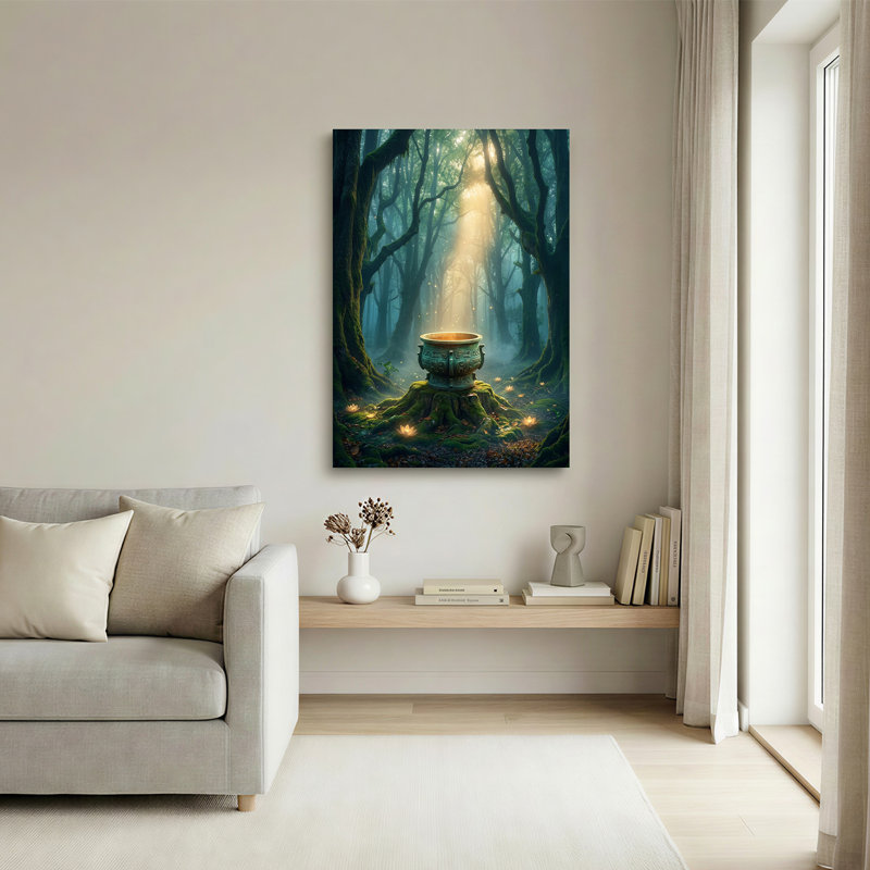 Art mural sur toile orné de bronze dans une forêt brumeuse avec lumière brillante, 40"H x 28"W
