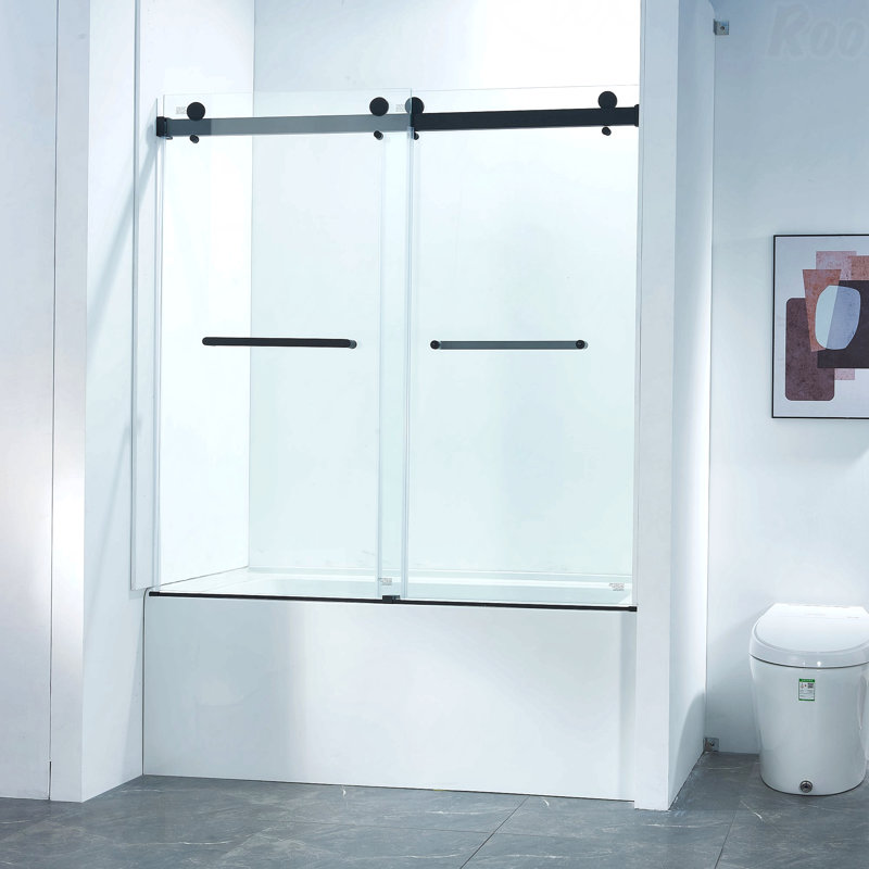 56-60"W X 60"H Frameless Design Double Sliding Opening Tub Shower Door  - 304 Stainless Steel In Matte Black, 5/16" (8Mm) Thick Clear Tempered Glass