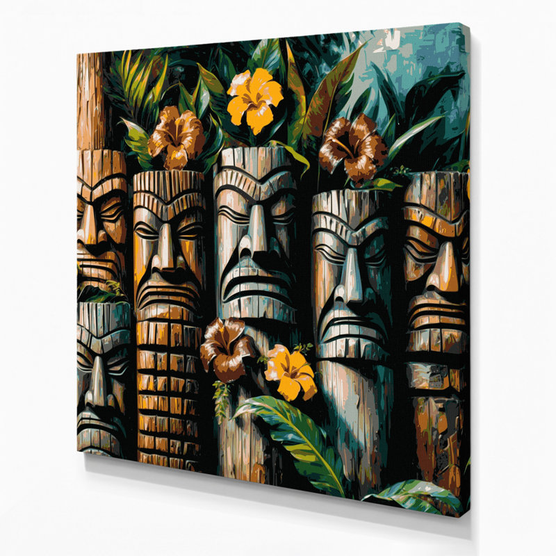 Art mural sur toile vert, statues hawaïennes, H 8 po x l 8 po