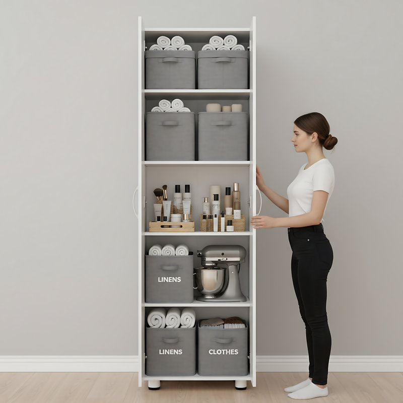 75" Extra Tall Pantry Storage Cabinet with 2 Doors, 5 Shelves (3 Adjustable) & Anti-Tip Kit (White), White