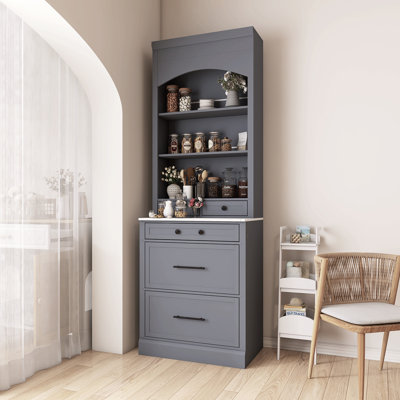 Freestanding Tall Kitchen Hutch With Faux Marble Top
