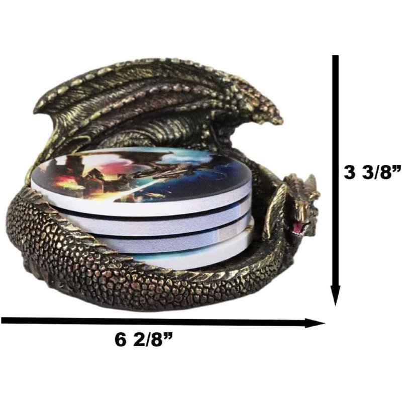 Trinx Golden Ancient Smaug Dragon In Hibernation Fantasy Coaster Set Figurine Holder With Four Round Fire Breathing Drake Image Sublimation Tile Coasters Medieval Dungeons And Dragons
