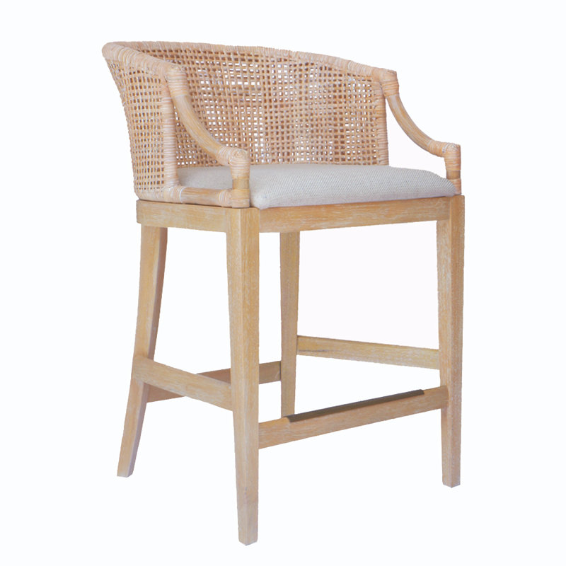 Tabouret de comptoir en rotin et bois fabriqué à la main Lily Pond H 25 po, Blanc naturel délavé