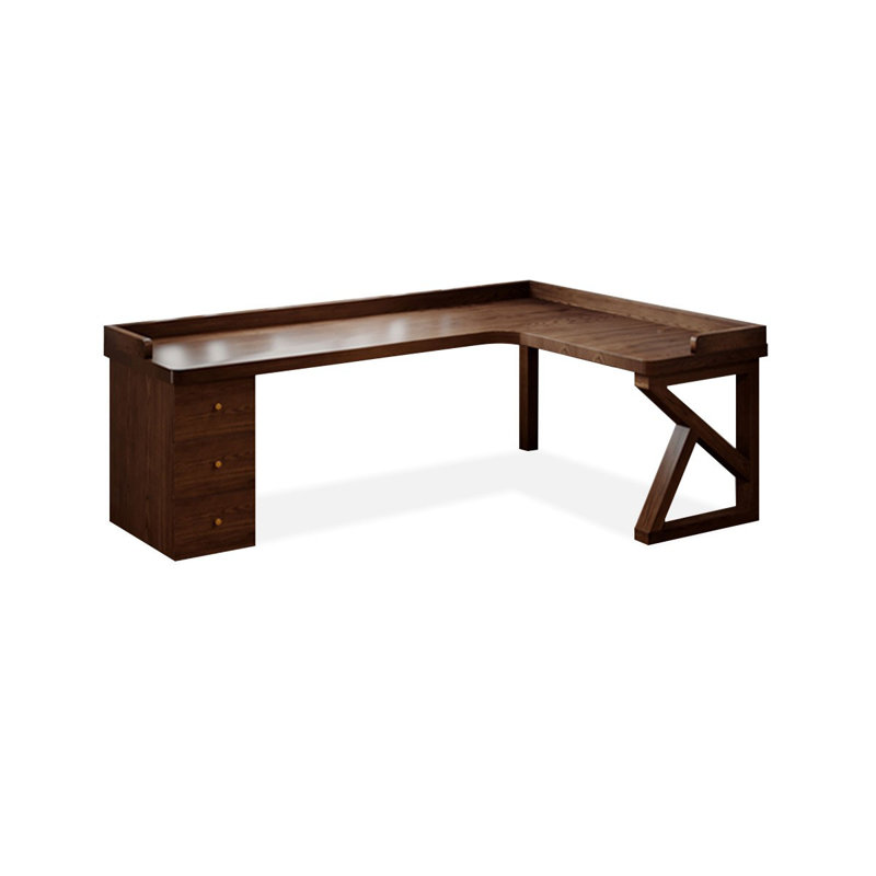 Bureau en bois massif brun en forme de L avec 3 tiroirs, H 29,53 po x l 62,99 po x P 47,24 po, Retour à droite
