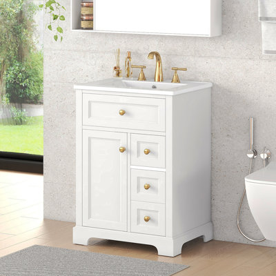 Meuble-lavabo blanc de 24 po avec lavabo, panneau de fibres à densité moyenne et fabrication en bois de pin, 3 tiroirs et armoire avec support de rangement à 2 niveaux, porte et tiroirs à fermeture en douceur, conception moderne pour les petites et moyennes salles de bain