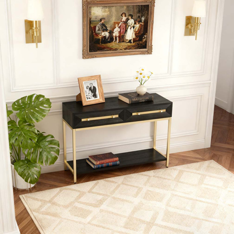 Console Table with Two Drawers, Retro Hallway Table with Striking Geometric Design for Entryway and Living Room, Black