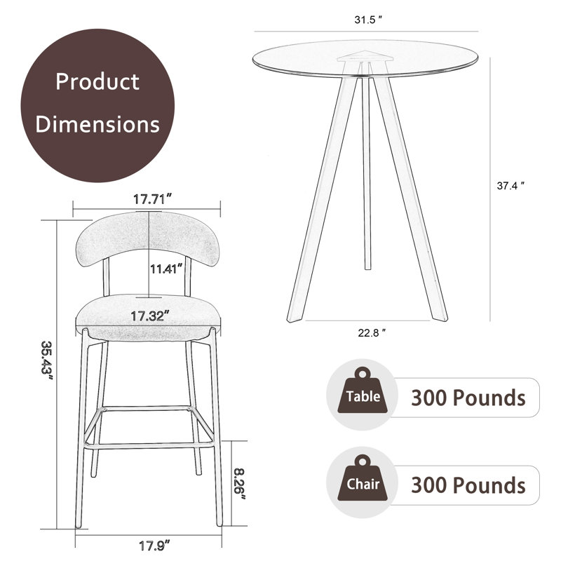 Rosibel Bar Table Set, Tempered Glass Round Dining Table And Height Bar Stools, White, 3 Piece: Table, 2 Chairs