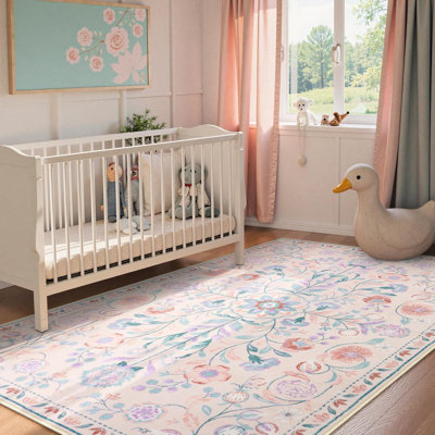  Floral Washable Area Rug Non-Slip Stain Resistant Low-Pile Boho Large Indoor Throw Carpet