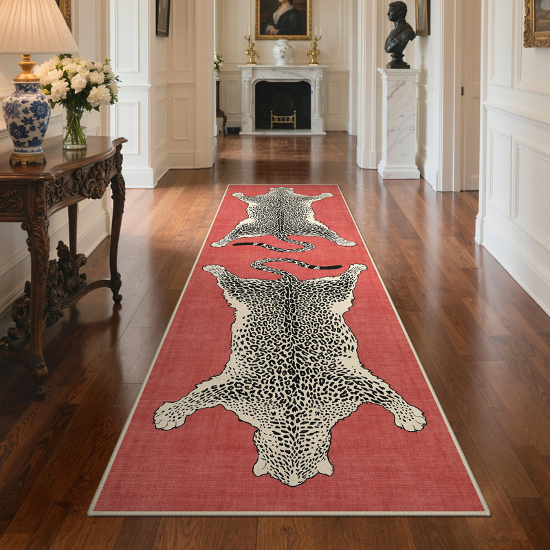 Alinda Talon Animal Print Red / Beige / Black Machine Washable Area Rug, Runner 2'3" x 6', Red / Beige / Black