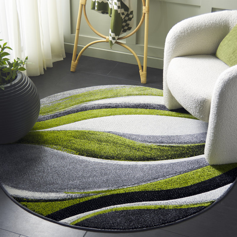 Dubach Abstract Machine Made Power Loom Polypropylene Indoor Area Rug in Gray/Green/White, Round 5'3"
