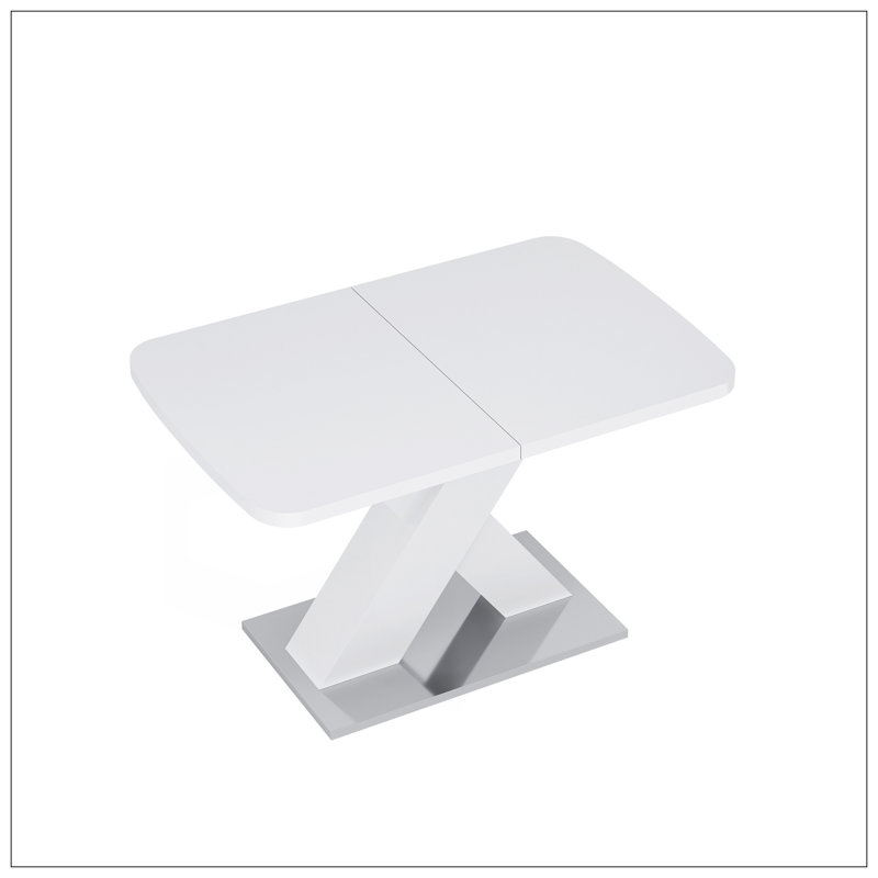 Modern Square Dining Table, Stretchable, White Table Top+MDF X-Shape Table Leg with Metal Base, White