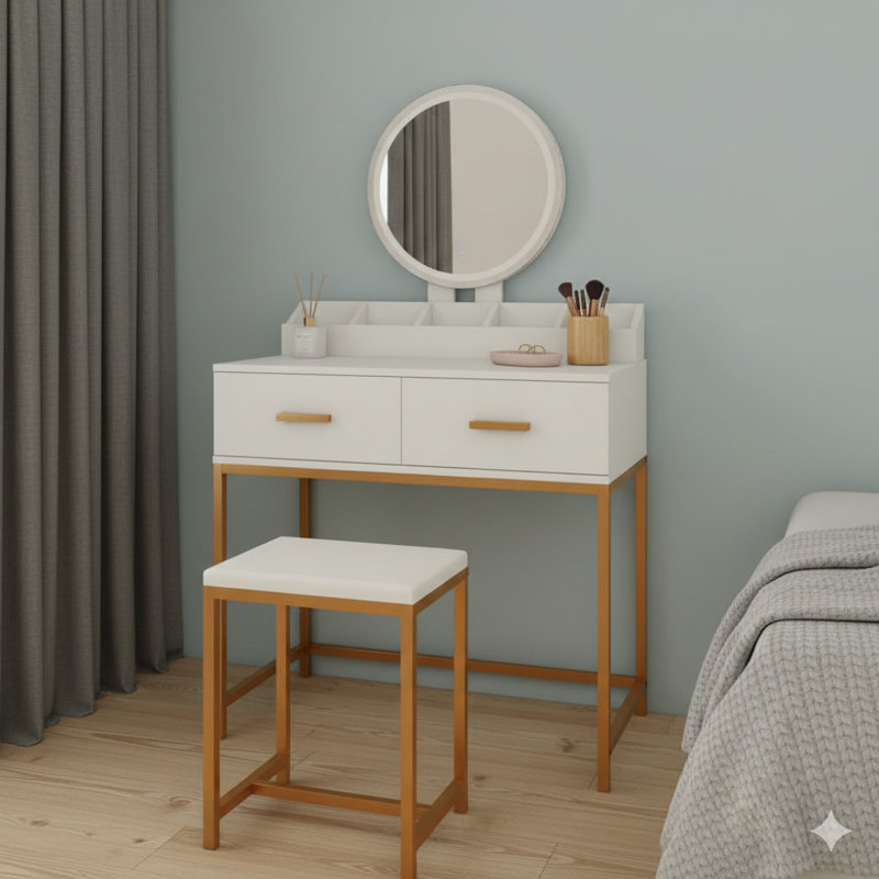 Vanity Set Comprising A Table With Mirror And A Stool. This Makeup Vanity Table Offers Storage Drawers And An Organizer, In A White And Gold Color Scheme. Features A Space-Saving Design Ideal For Smaller Bedrooms.