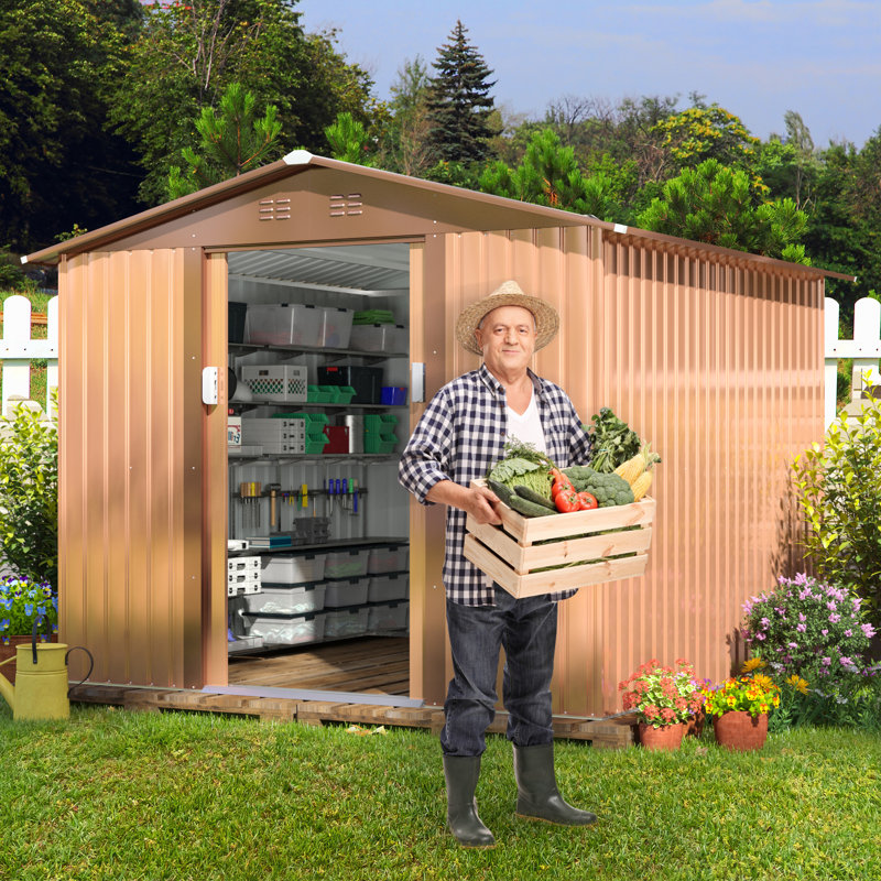8' x 8' Brown Galvanized Steel Garden Storage Shed with Windows