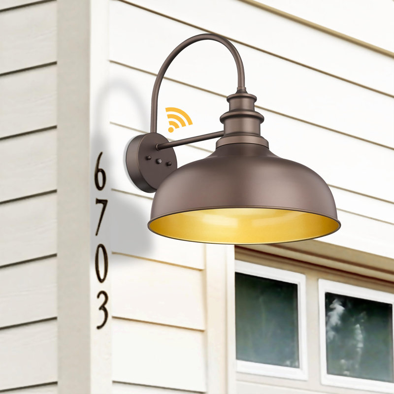 16 Inch Dome Large Dusk To Dawn Sensor Outdoor Barn Light Farmhouse Outdoor Wall Sconce (Oil Rubbed Bronze+Gold, 16” Dome-1Pack)