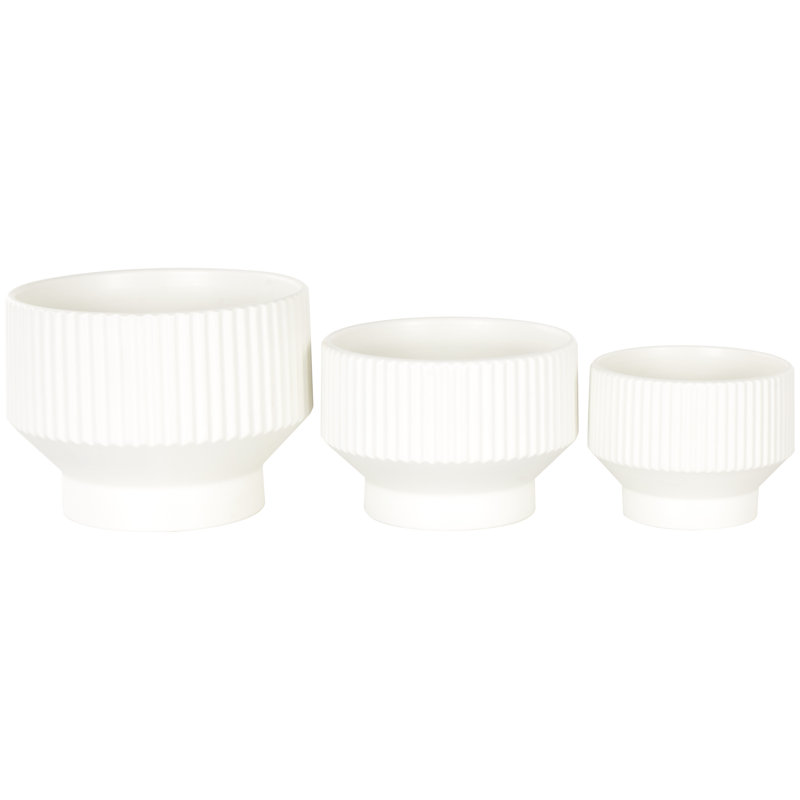 White Ribbed Ceramic 3-Piece Round Planter Set