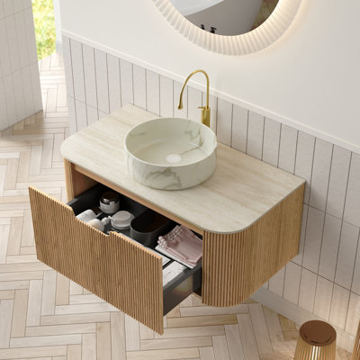 Meuble-lavabo 36 po, meuble-lavabo rayé à bords arrondis avec tiroir, lavabo rond en céramique avec motif en pierre et plateau en pierre frittée à motif travertin, pré-assemblé