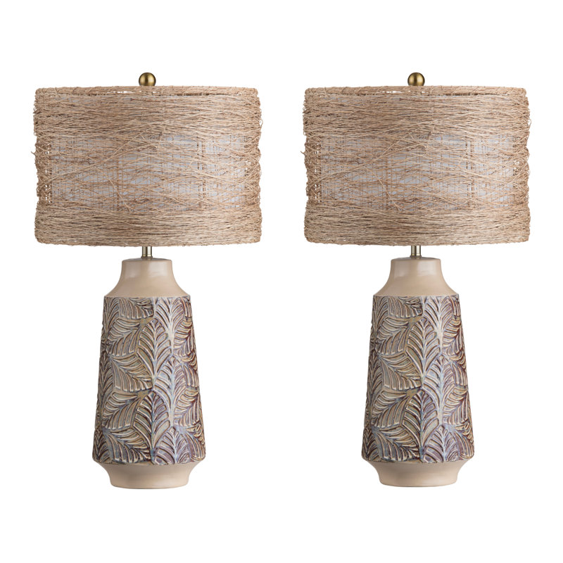Set Of 2 Ceramic Table Lamps With Rattan Shade