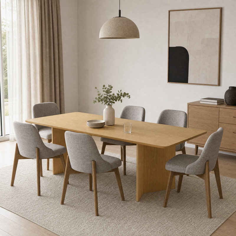 Ensemble table et chaises de salle à manger rectangulaires en bois de 200 cm (79 po) avec pieds doubles et chaises rembourrées, pour 4 à 6 personnes.