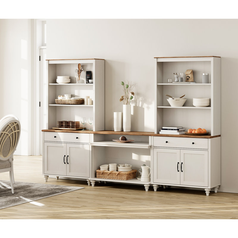 Buffet avec bahut, grain de bois rétro, armoire avec armoires et tablettes ouvertes, 105 po, Chêne / Blanc