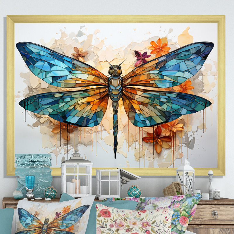 «Teal Dragonfly Ethereal Flight Geometric I - Libellule», art mural, H 24 po x l 32 po x P 1 po, Cadre doré simple