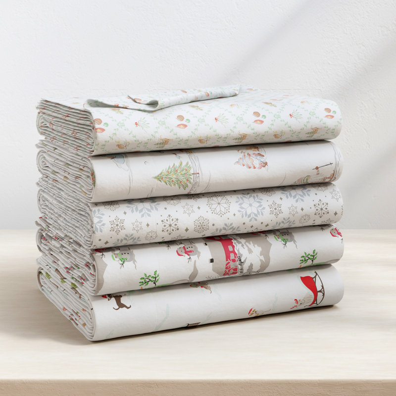 100% Turkish Cotton Flannel Christmas Sheet Sets, Snowflakes, King with 2 Pillowcases