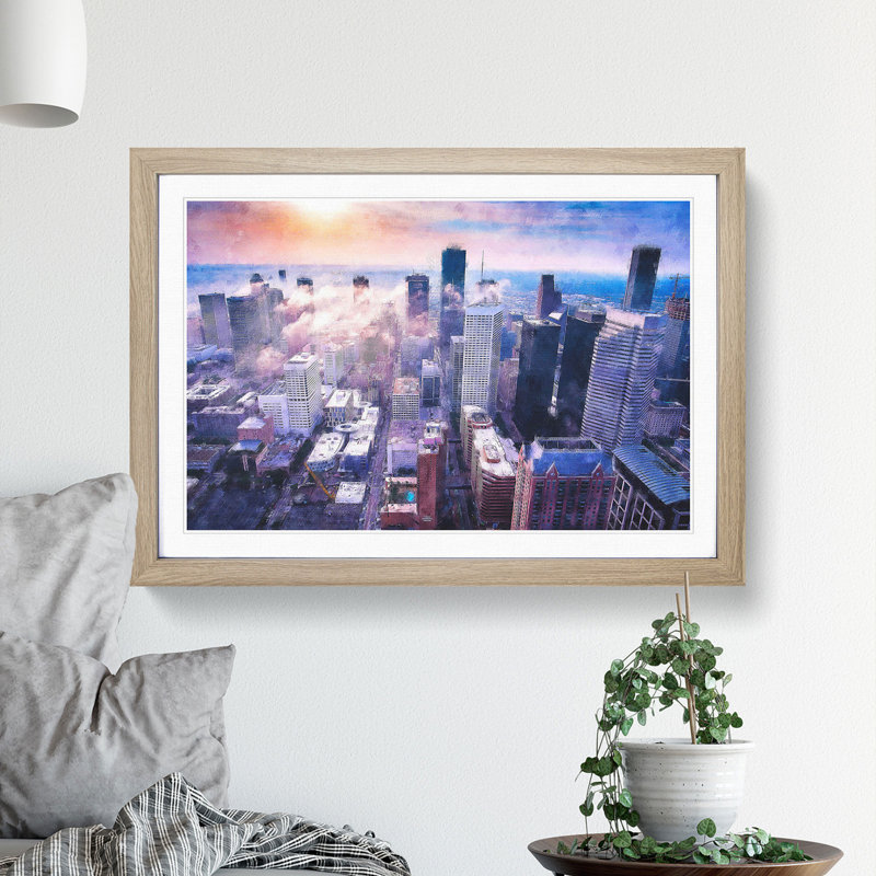 Houston Texas Skyline - Picture Frame Painting Print, 24cm H x 33cm W x 2cm D, Oak Framed