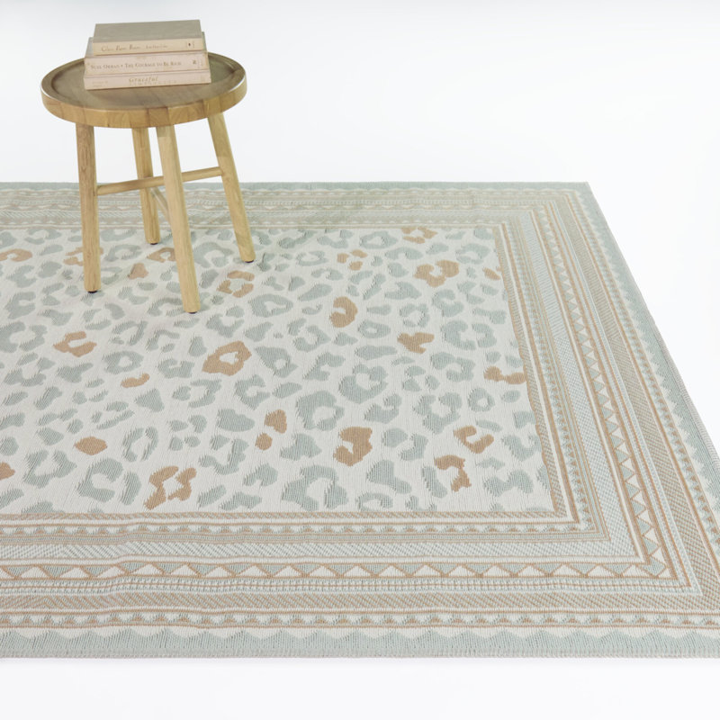 Lerambert Blue/Coral Leopard Print Border Indoor/Outdoor Area Rug, 5'3" x 7'