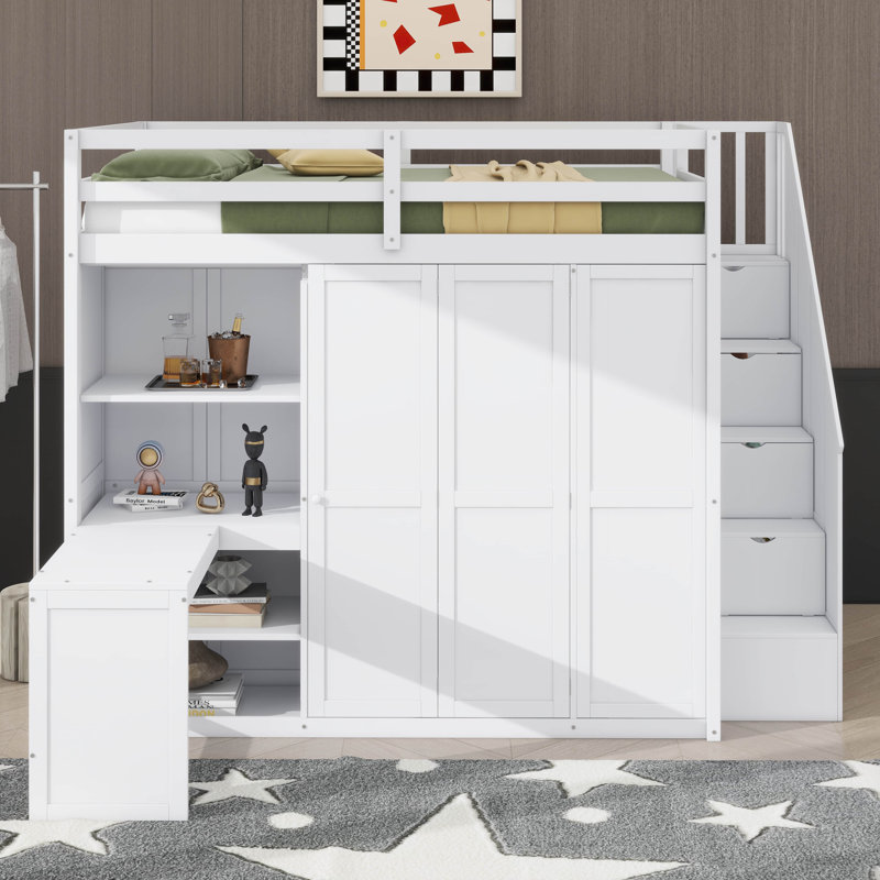Lit mezzanine double avec garde-robe intégrée, bureau et tablettes complètes, gris