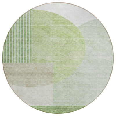 Tapis intérieur / extérieur rond lavable géométrique vert olive et artichaut 8 pi HomeRoots