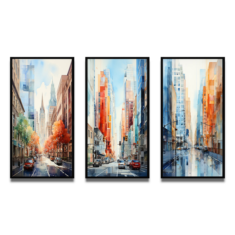 «Skyscrapers Urban Heights», 3 pièces sur toile, Cadre flottant noir, H 20 po x l 36 po