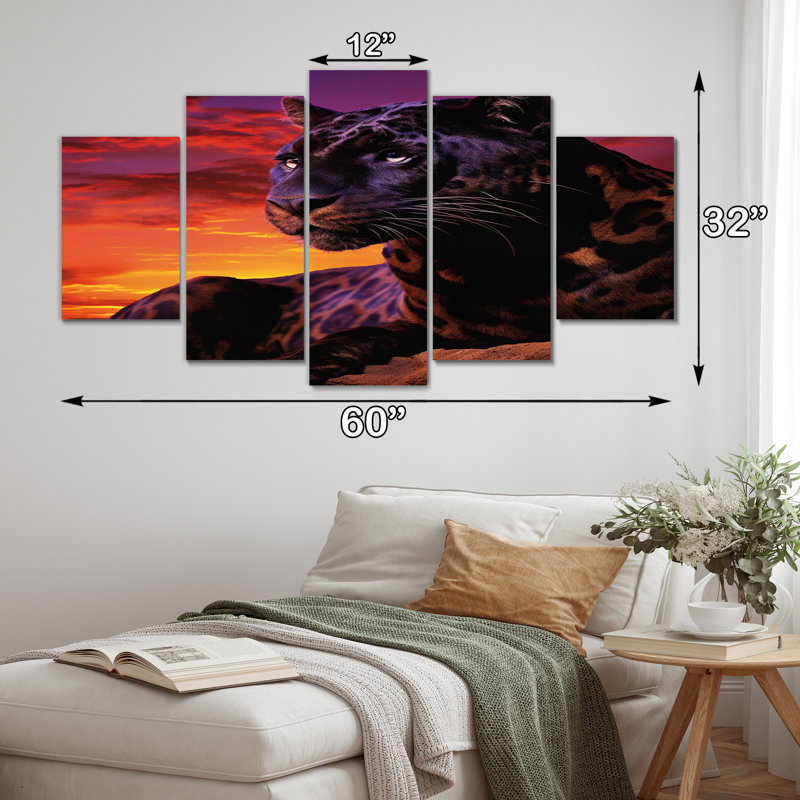 Orange, panthère mauve contre l'horizon I - animaux, art mural, salon, 5 panneaux